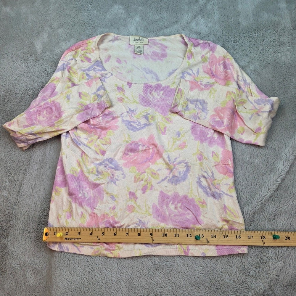 Neiman Marcus Floral Silk Blend Sweater M Pink Purple Scoop Neck 3/4 Sleeve